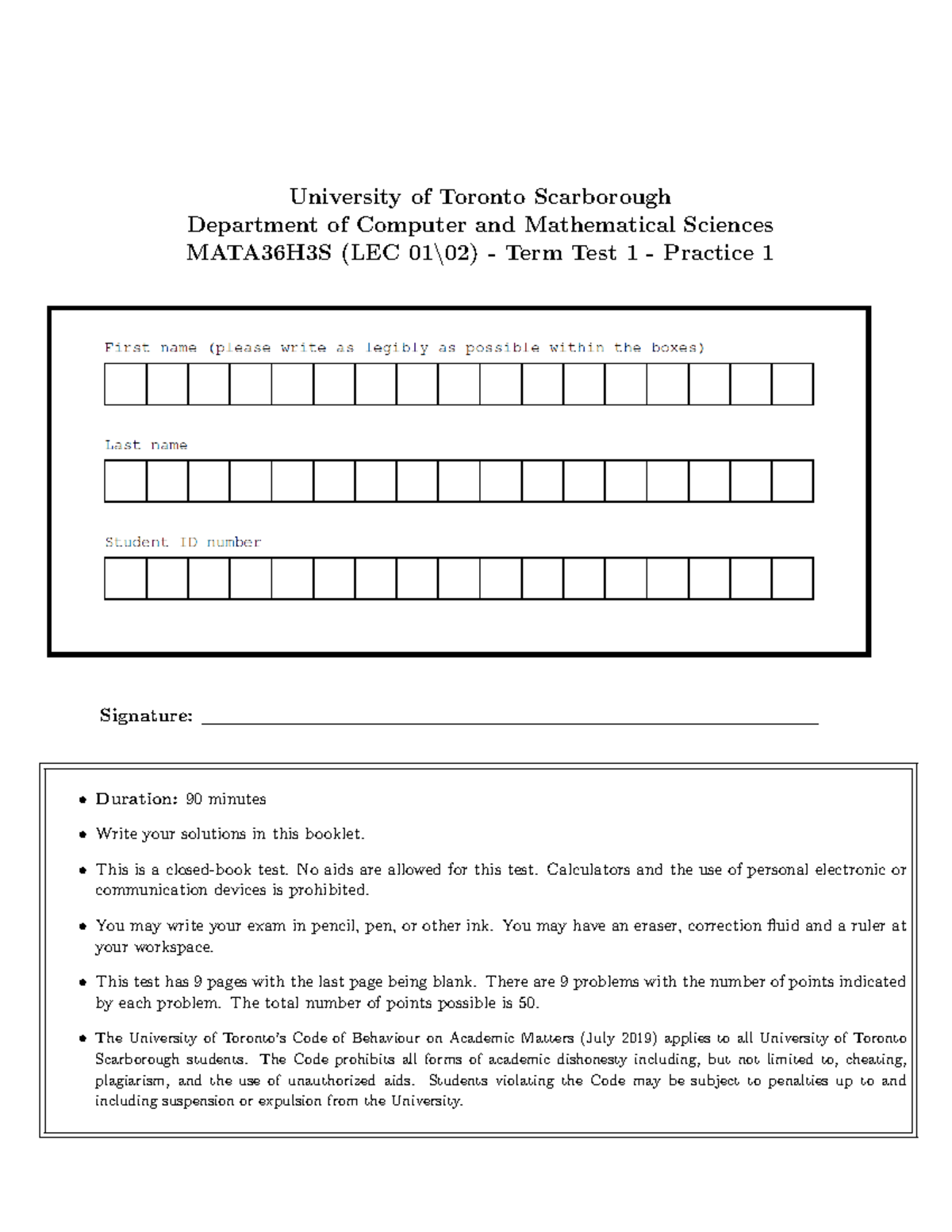 MATA36 Test 01 Practice 01 Solutions - University of Toronto ...