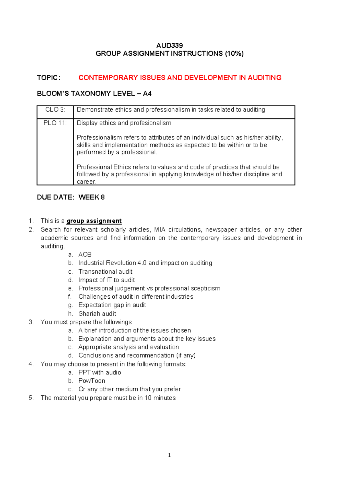 AUD339 Group Assignment: Contemporary Issues in Auditing - Studocu