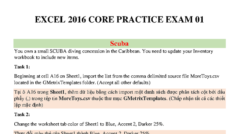 Excel 2016 CORE Practice Exam 01: SCUBA, Fishing, Network, Bike ...