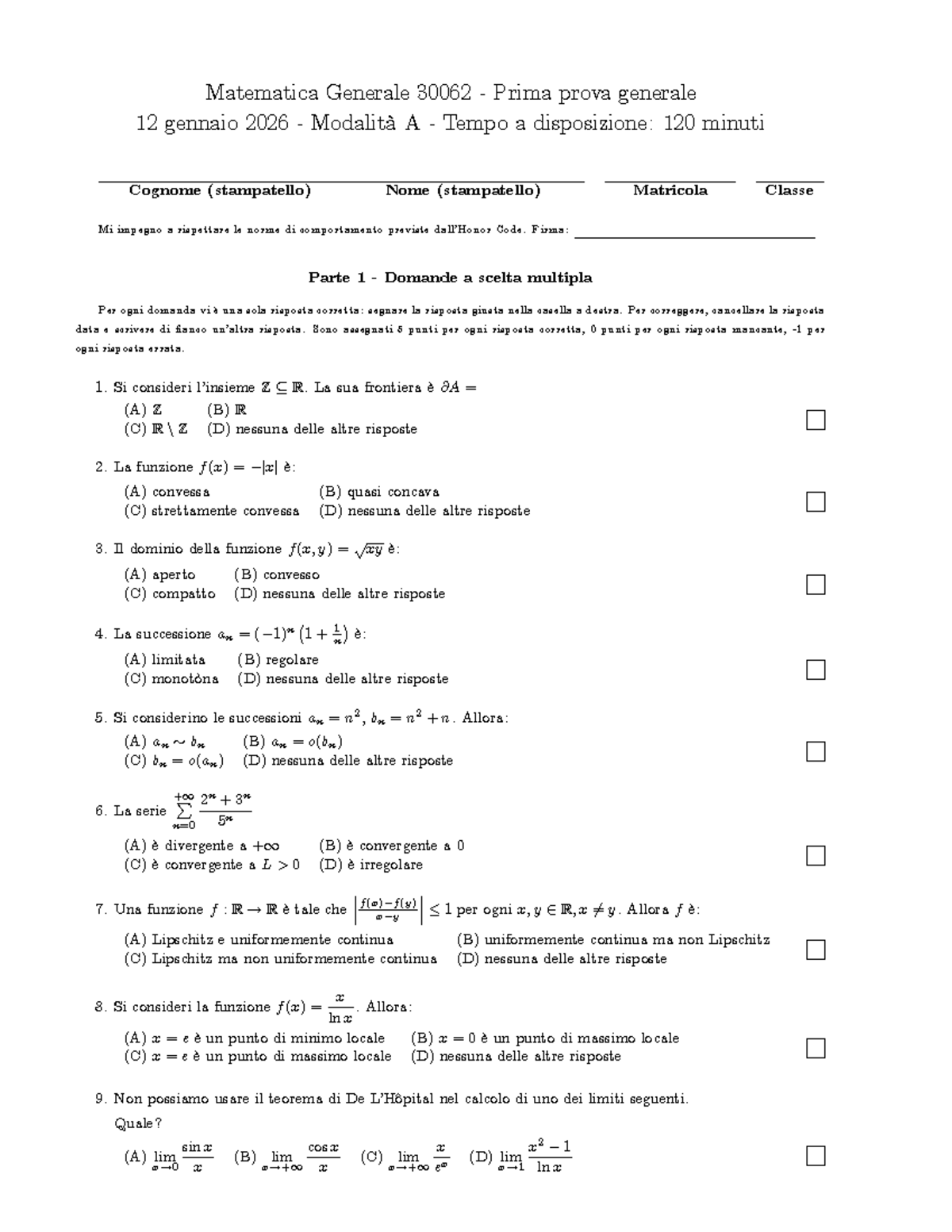 Matematica Generale 30062 Simulazione Esame Parziale 12 Gennaio 2026 ...
