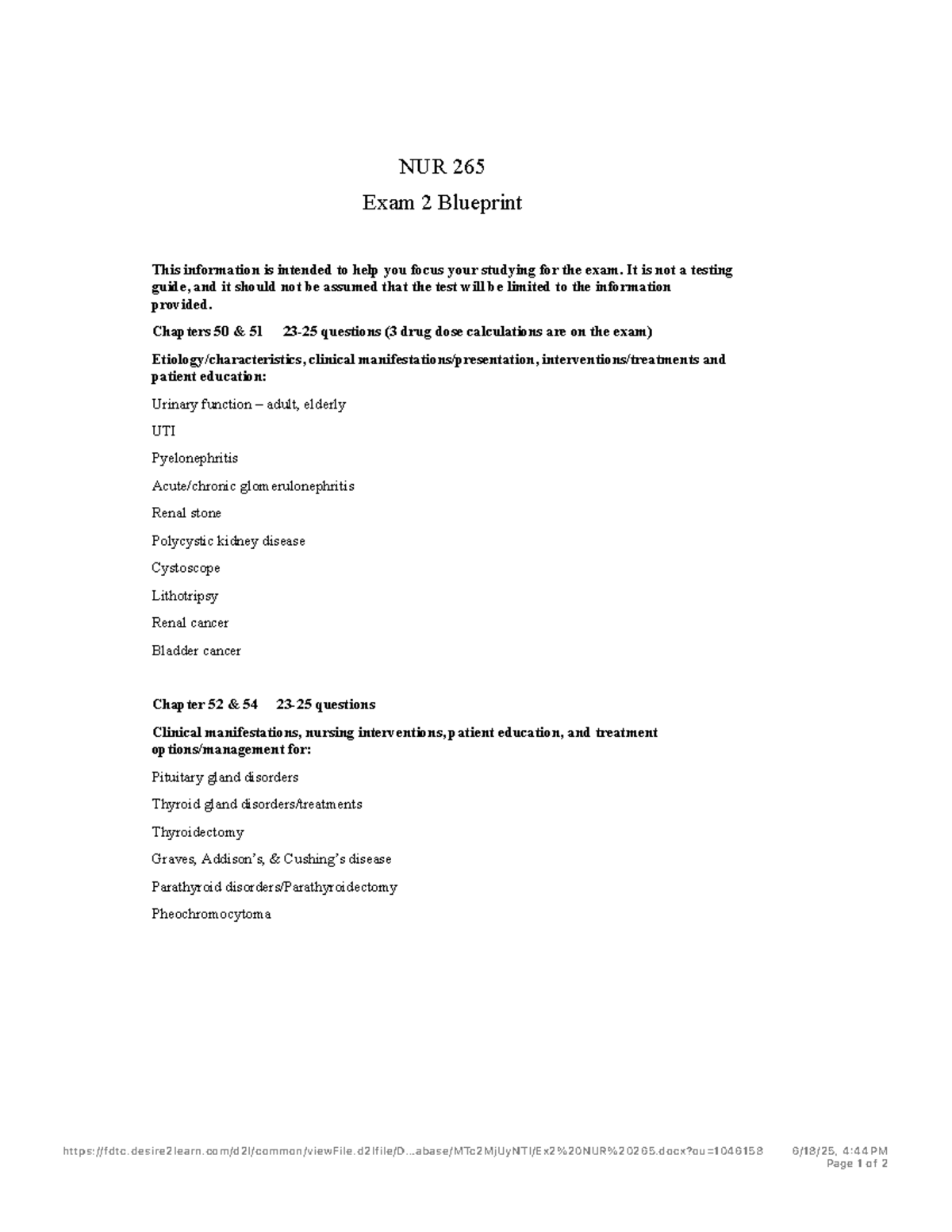 NUR 265 Exam 2 Study Guide Blueprint for Success - Studocu