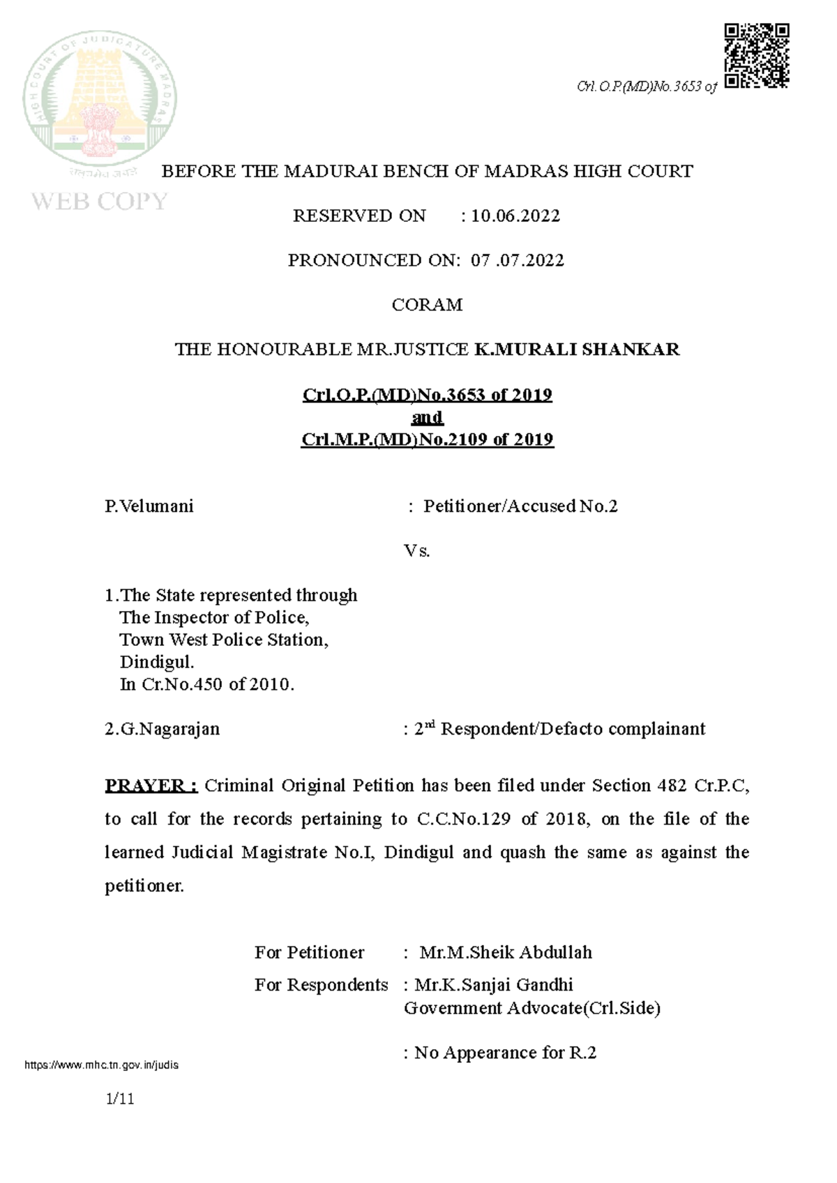 Crl.O.P.(MD)No.3653 of 2019: Quashing Order by Madras HC - Studocu