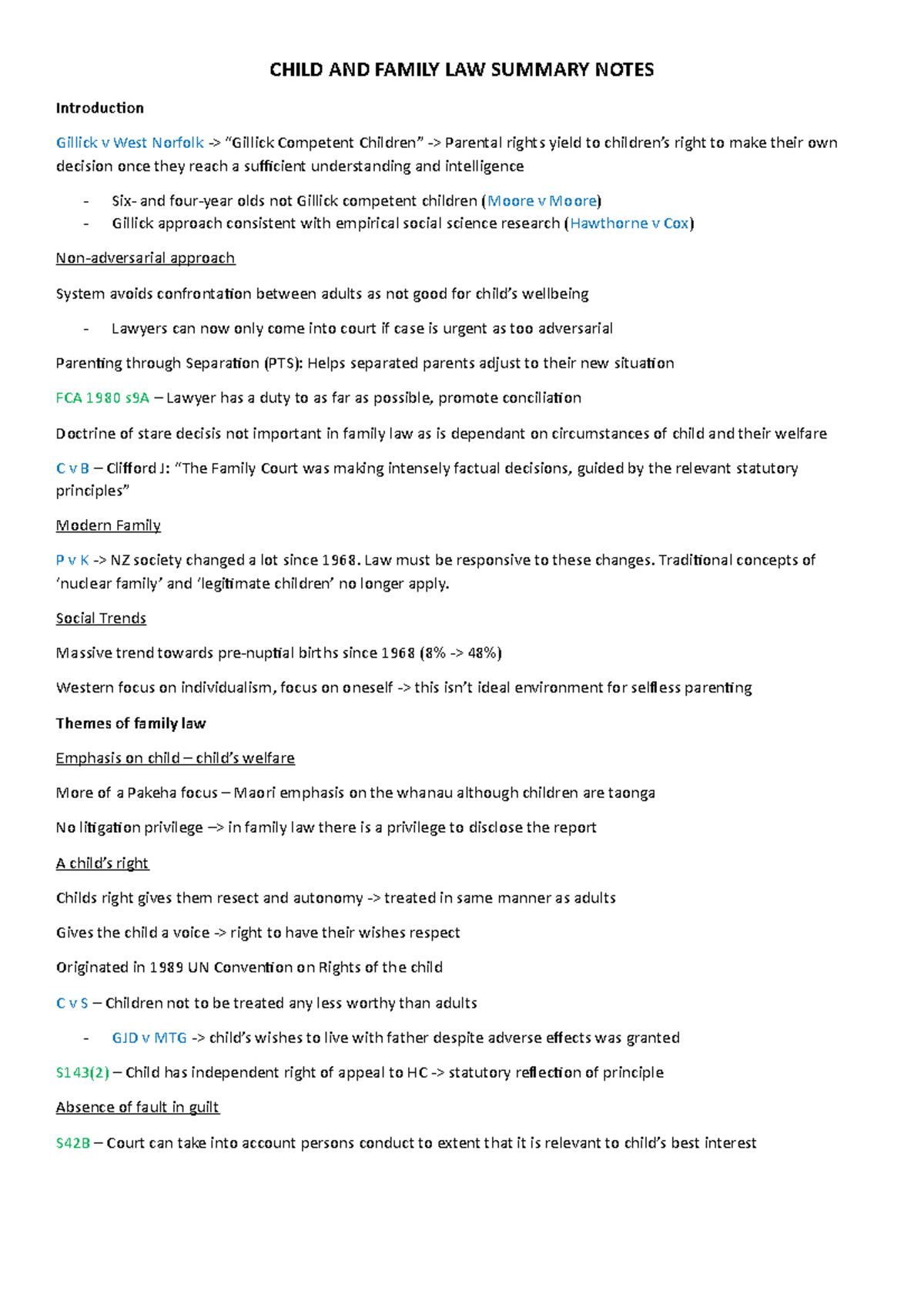 Child and Family Law: Summary Notes and Parenting Orders Playbook - Studocu