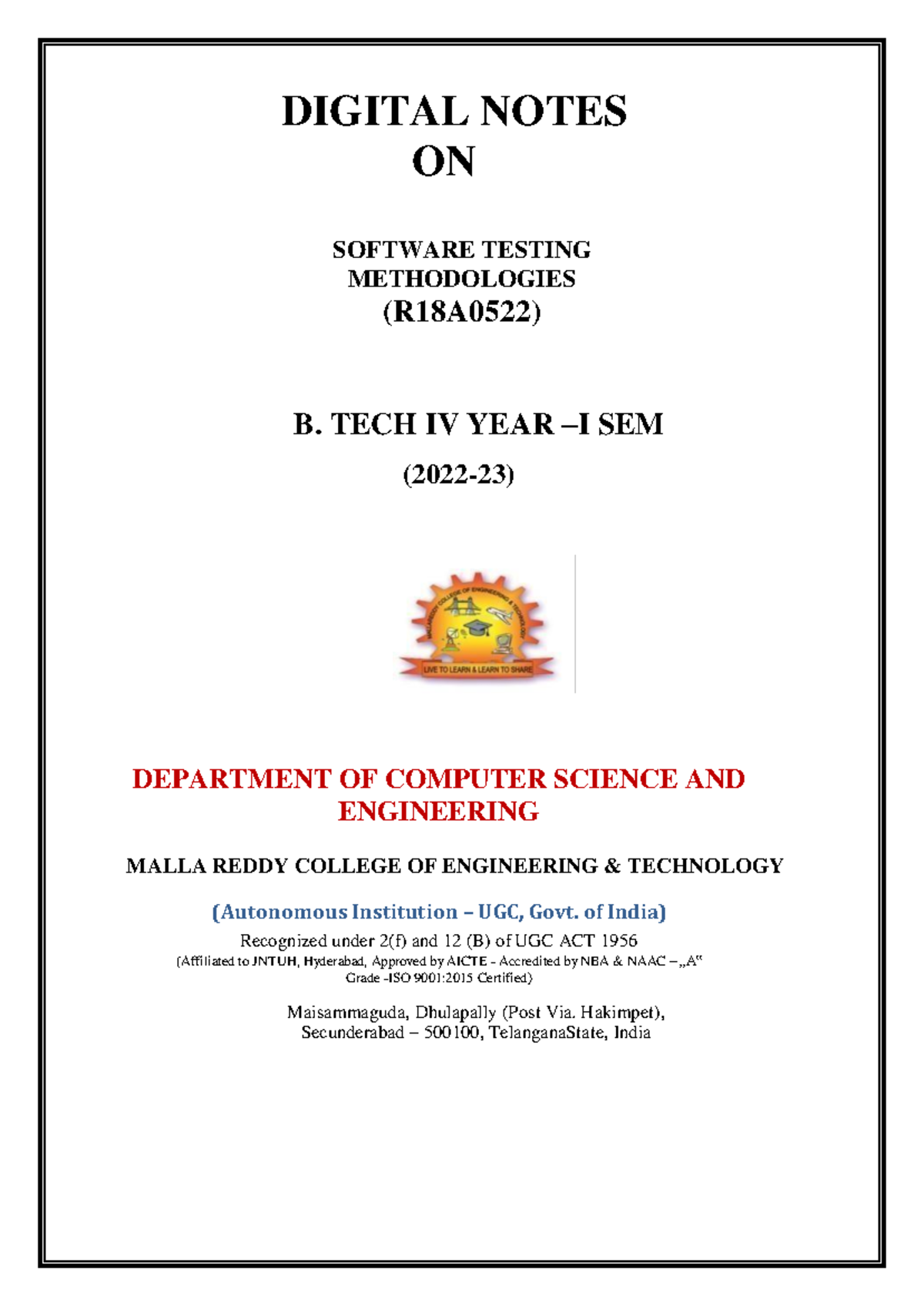 DIGITAL NOTES ON SOFTWARE TESTING METHODOLOGIES (R18A0522) - B. TECH IV ...