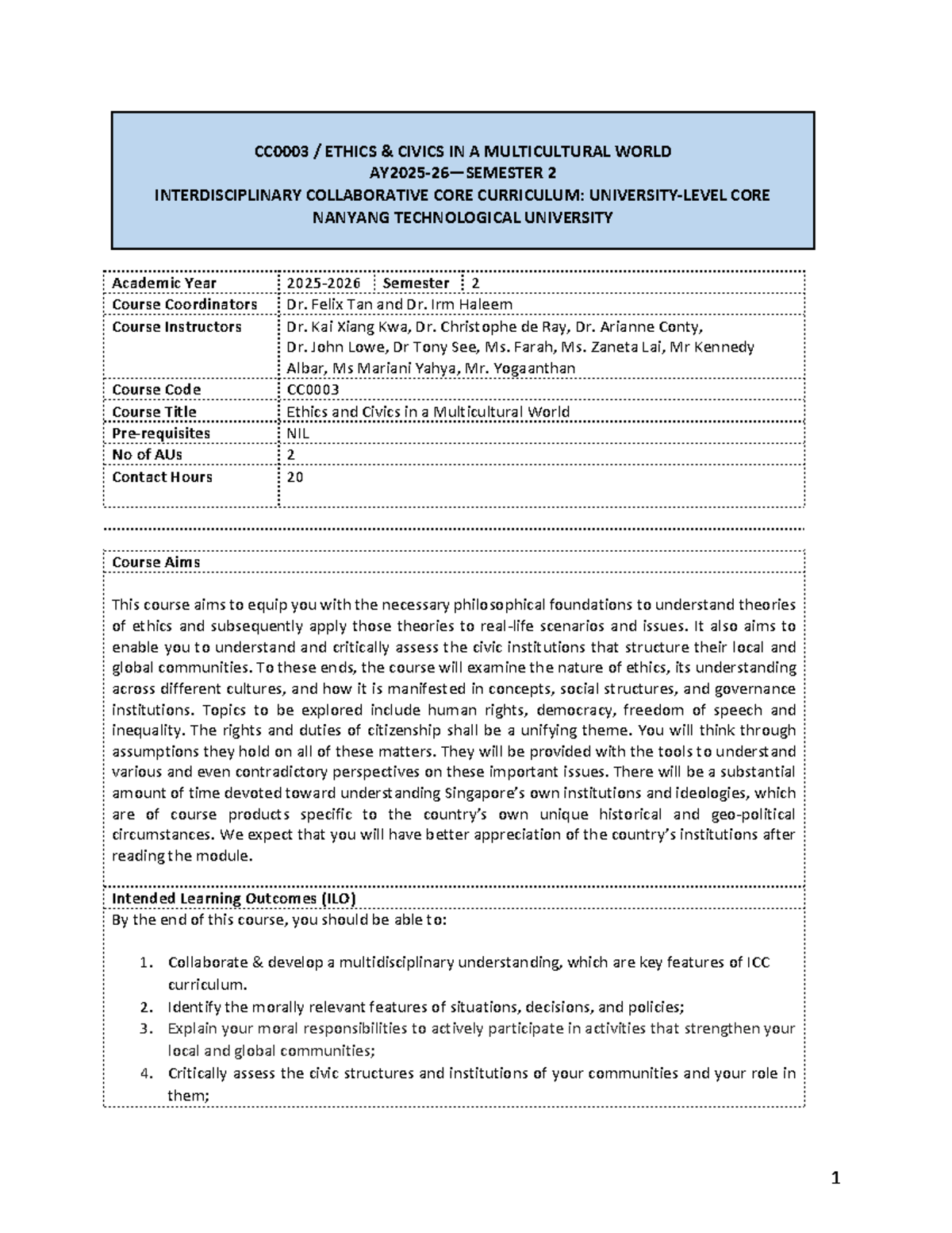 ETHICS AND CIVICS IN A MULTICULTURAL WORLD (Course Code: NIL) - Course ...
