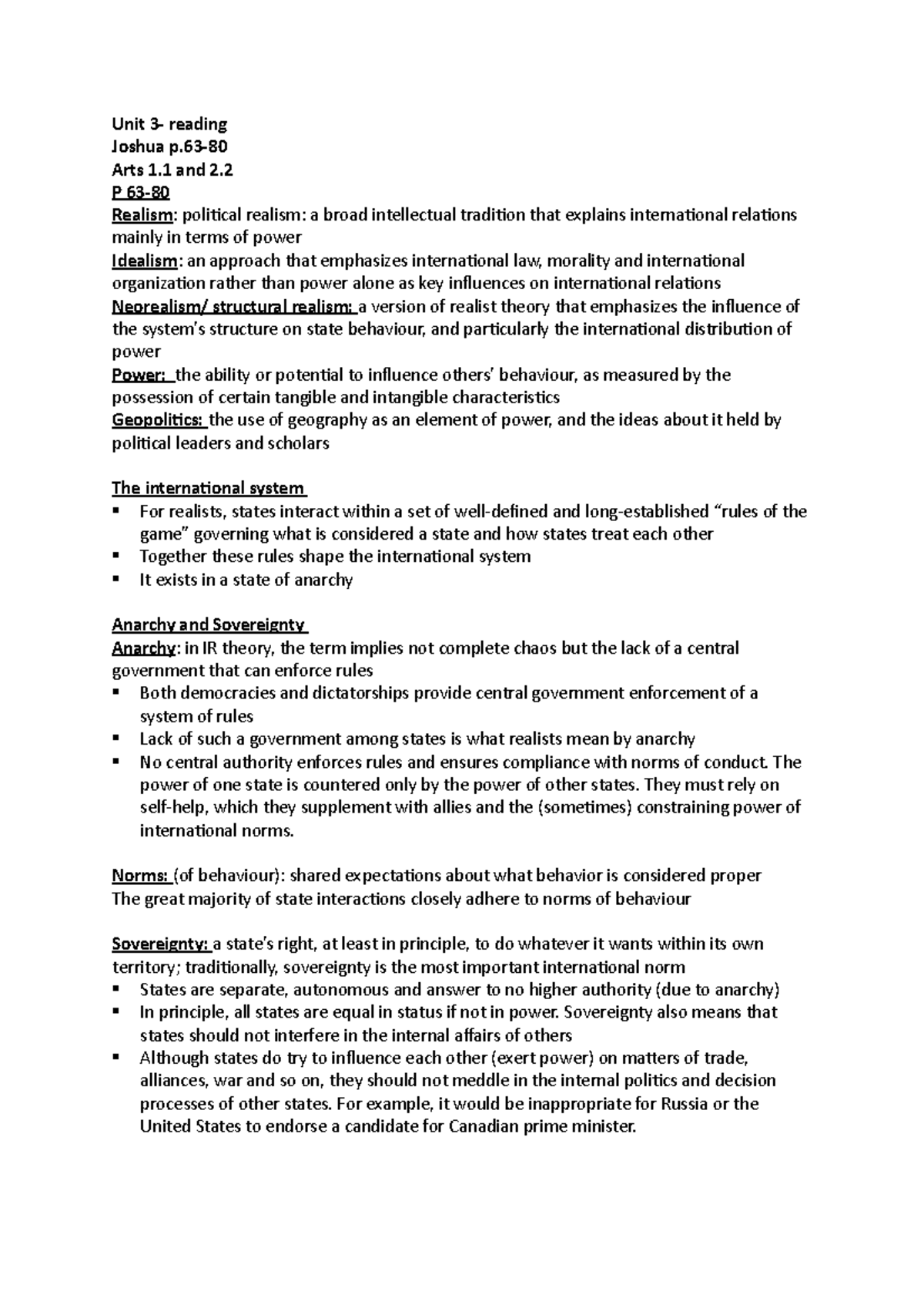 Unit 3-5: Summary of Key International Relations Theories and Concepts ...
