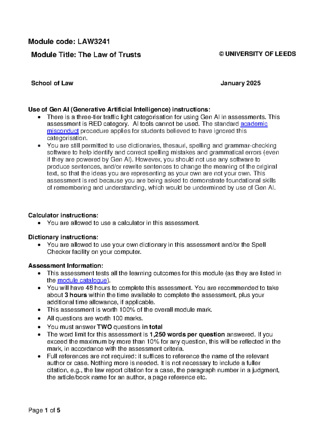 LAW3241 - The Law of Trusts: OBA Assessment Guidelines January 2025 ...