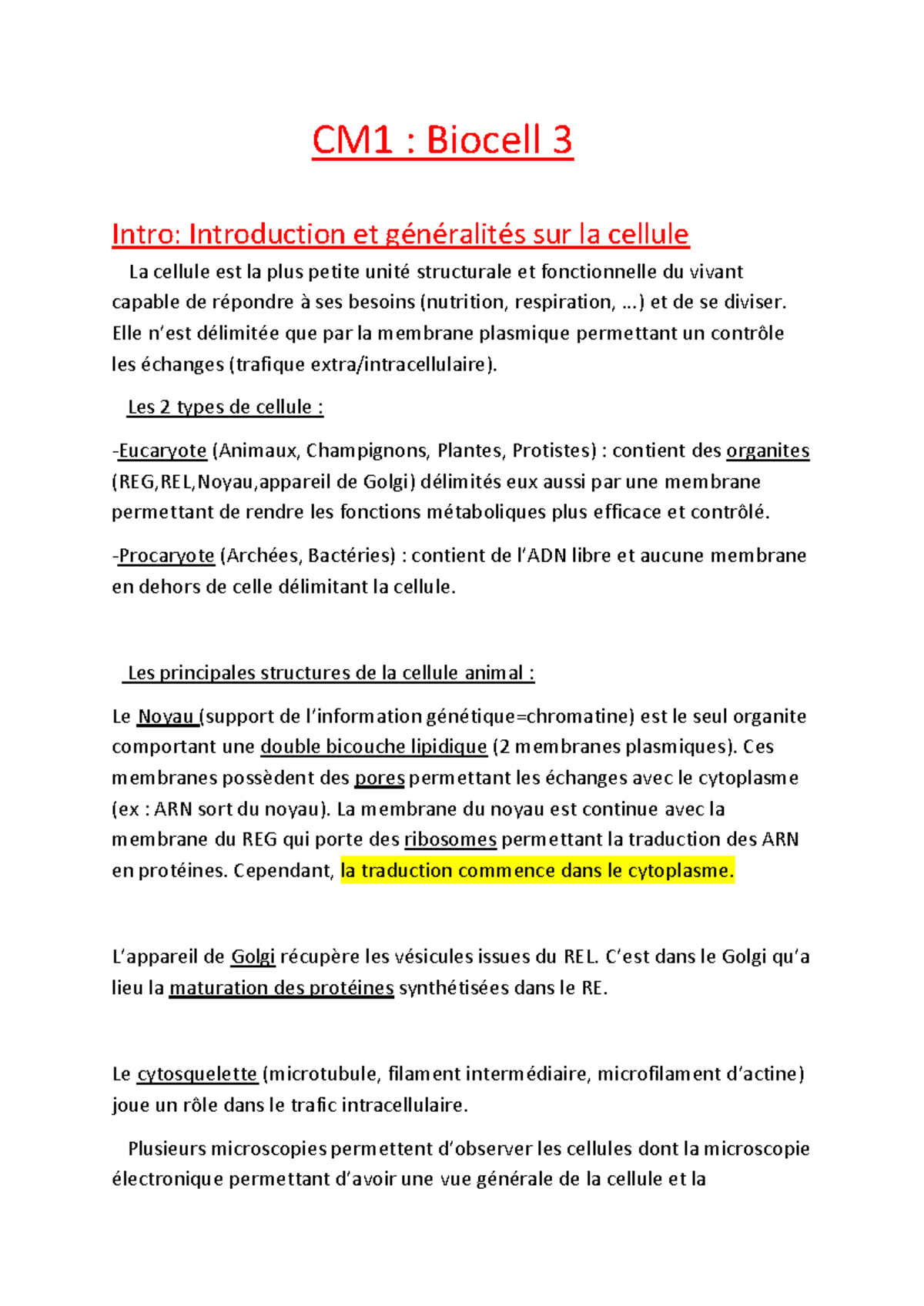 CM1 : Biocell 3 - Introduction aux Cellules et Structures Cellulaires ...
