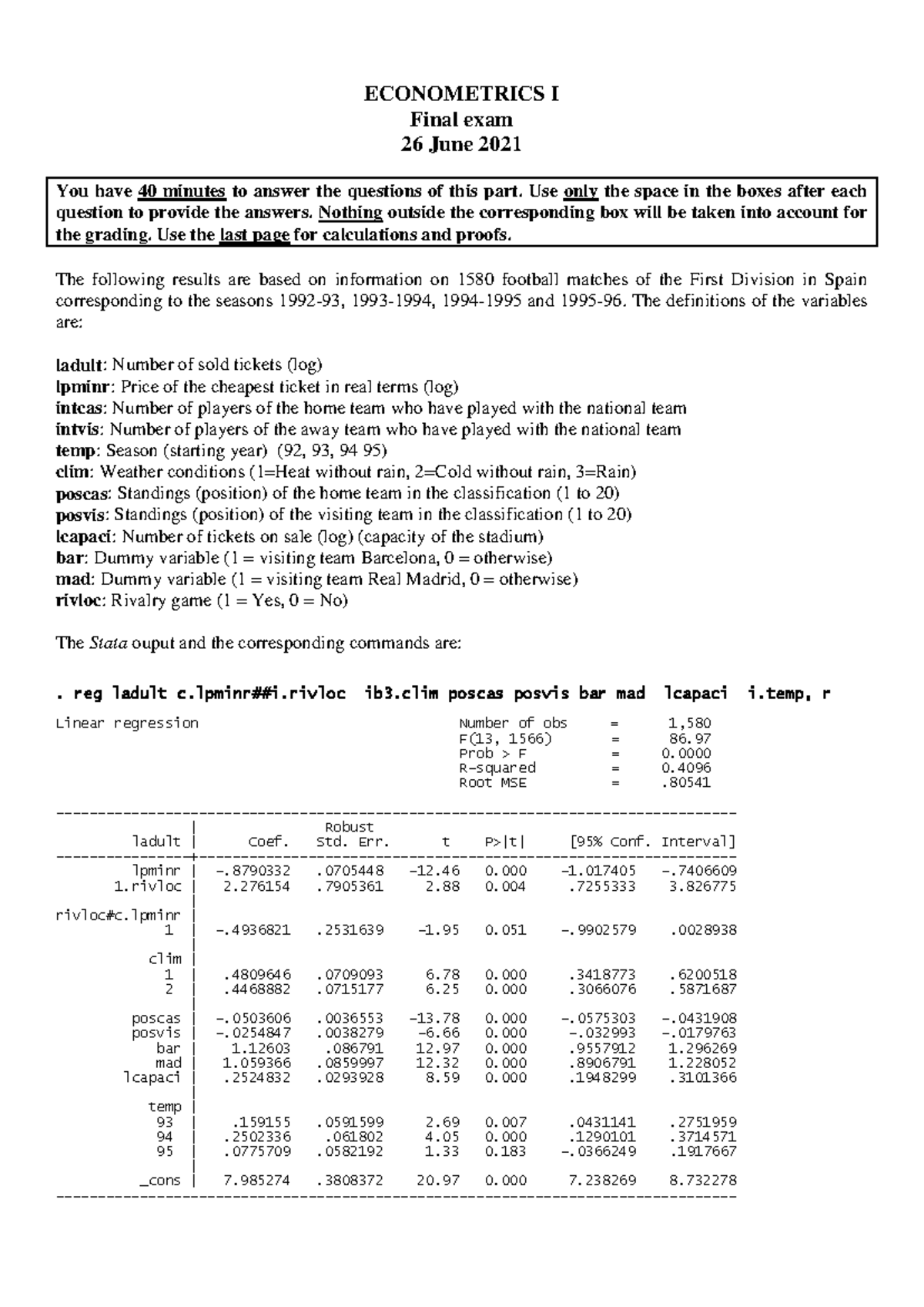 Exam part2 Final en sol def - ECONOMETRICS I Final exam 26 June 2021 ...