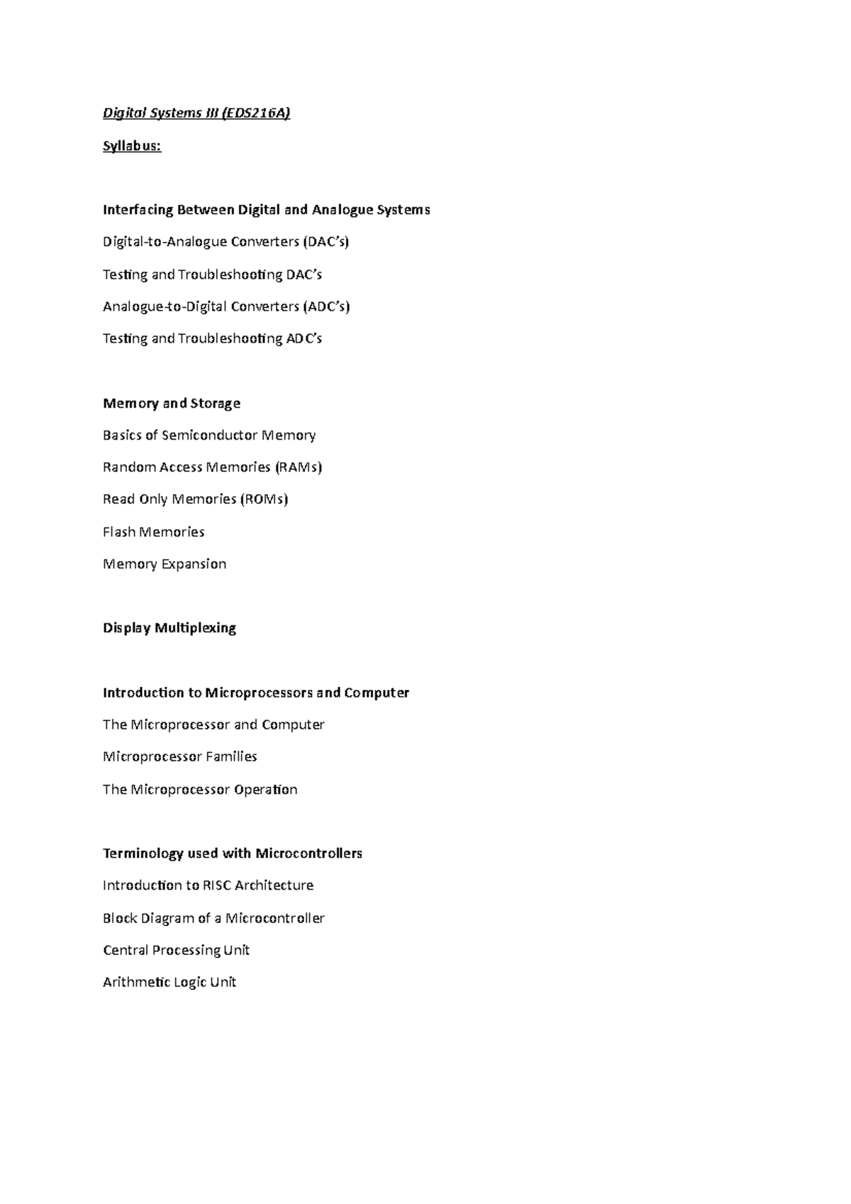 Syllabus - digital systems III - Digital Systems III (EDS216A) Syllabus ...