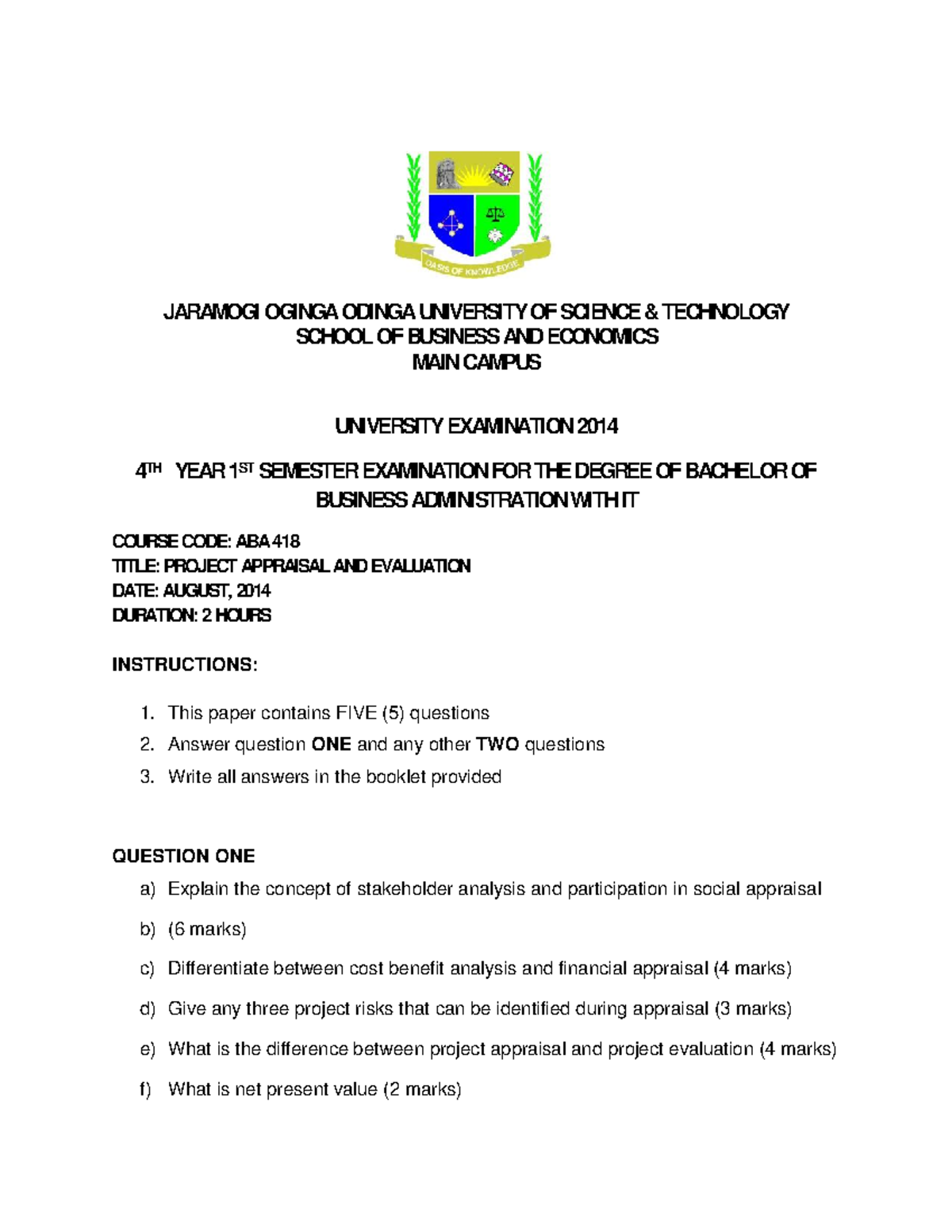 ABA 418 Project Appraisal & Evaluation Exam Notes - Studocu