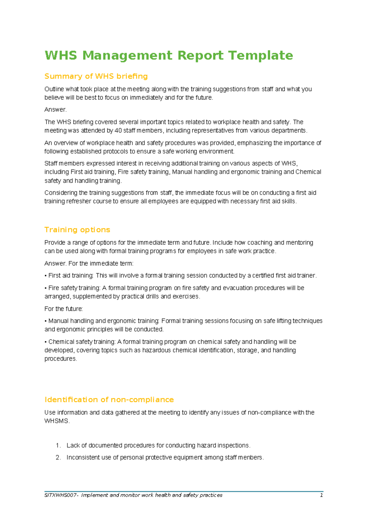 Sitxwhs 007 WHS Management Report: Meeting Summary & Training Focus ...