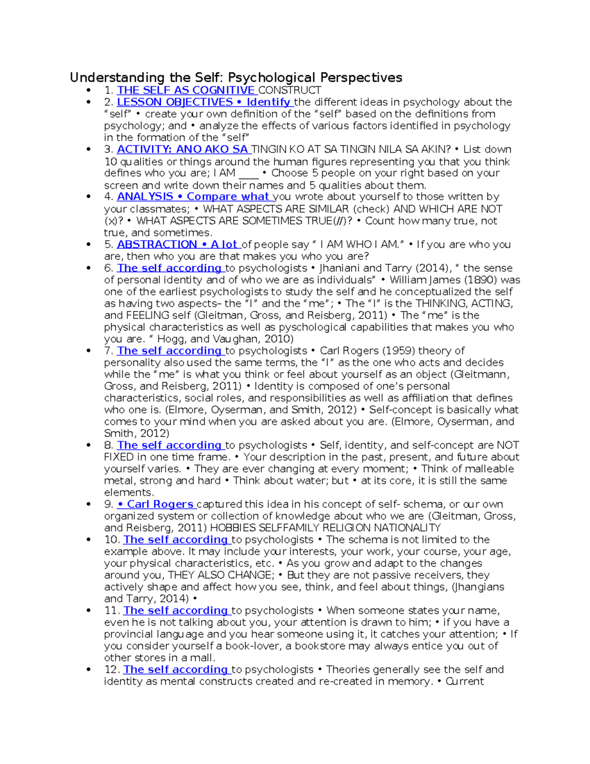 Understanding the Self - THE SELF AS COGNITIVE CONSTRUCT 2. LESSON ...