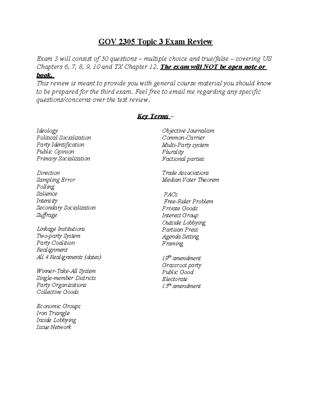 GOV 2305 Topic 3 Exam Review: Key Terms & Concepts for Exam 3 - Studocu