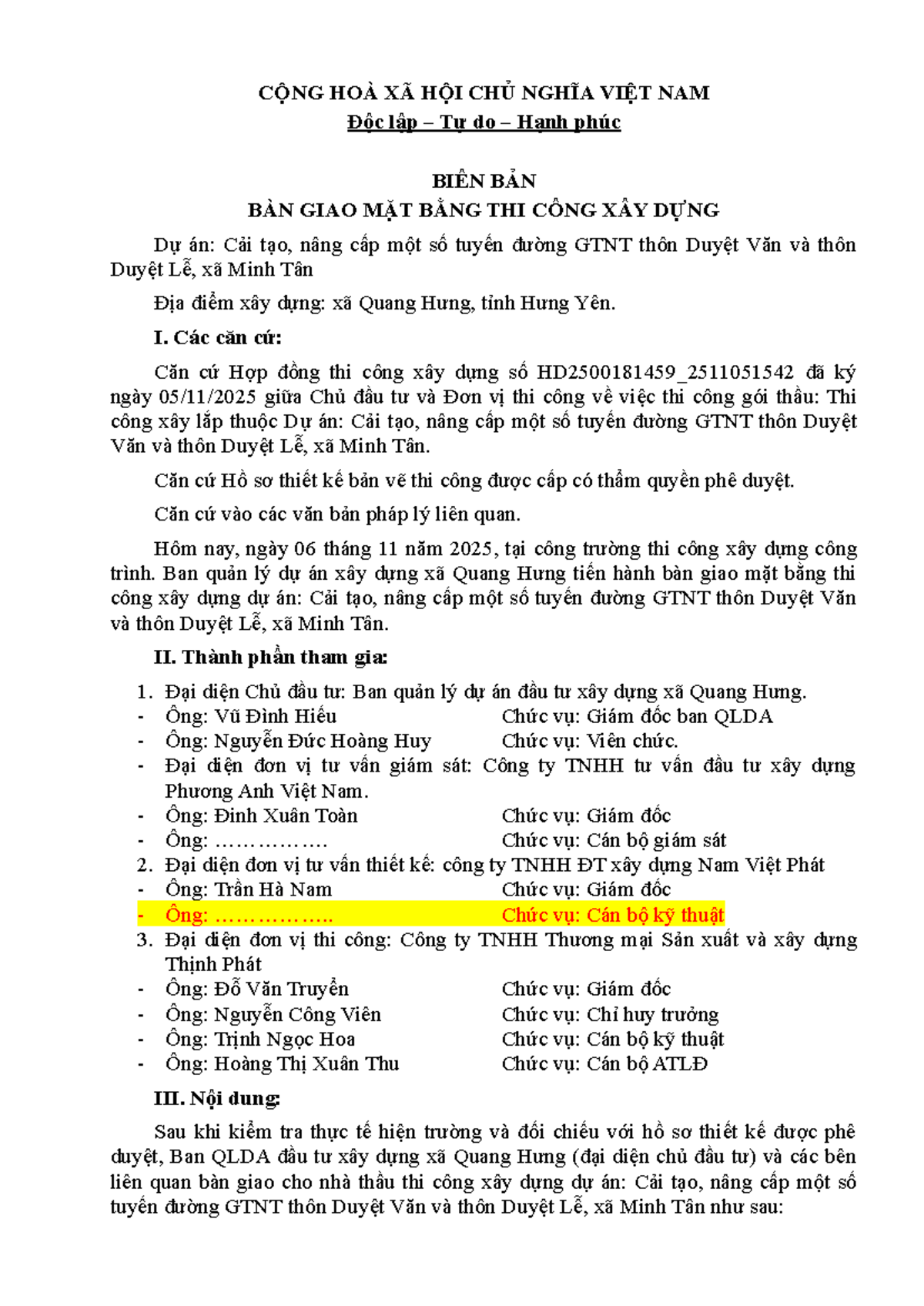 Biên Bản Bàn Giao Mặt Bằng Thi Công Dự Án GTNT - DVĐL - Studocu