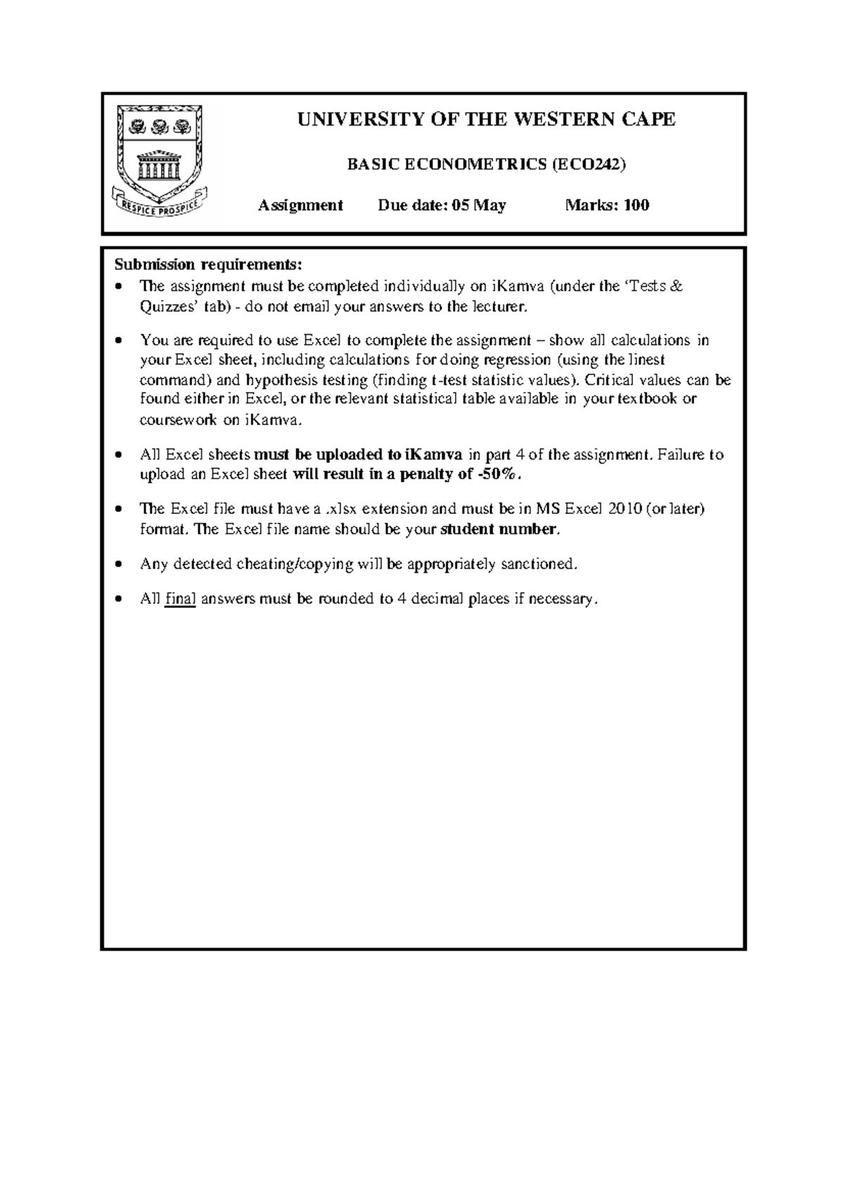 ECO242 Basic Econometrics Assignment Guidelines for 2025 - Studocu