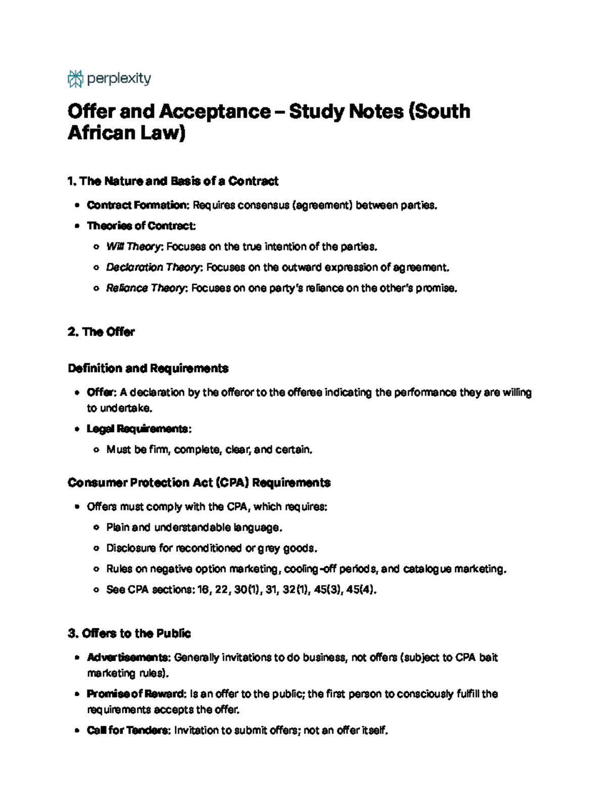 Offer and Acceptance Study Notes (SA Law) - Studocu