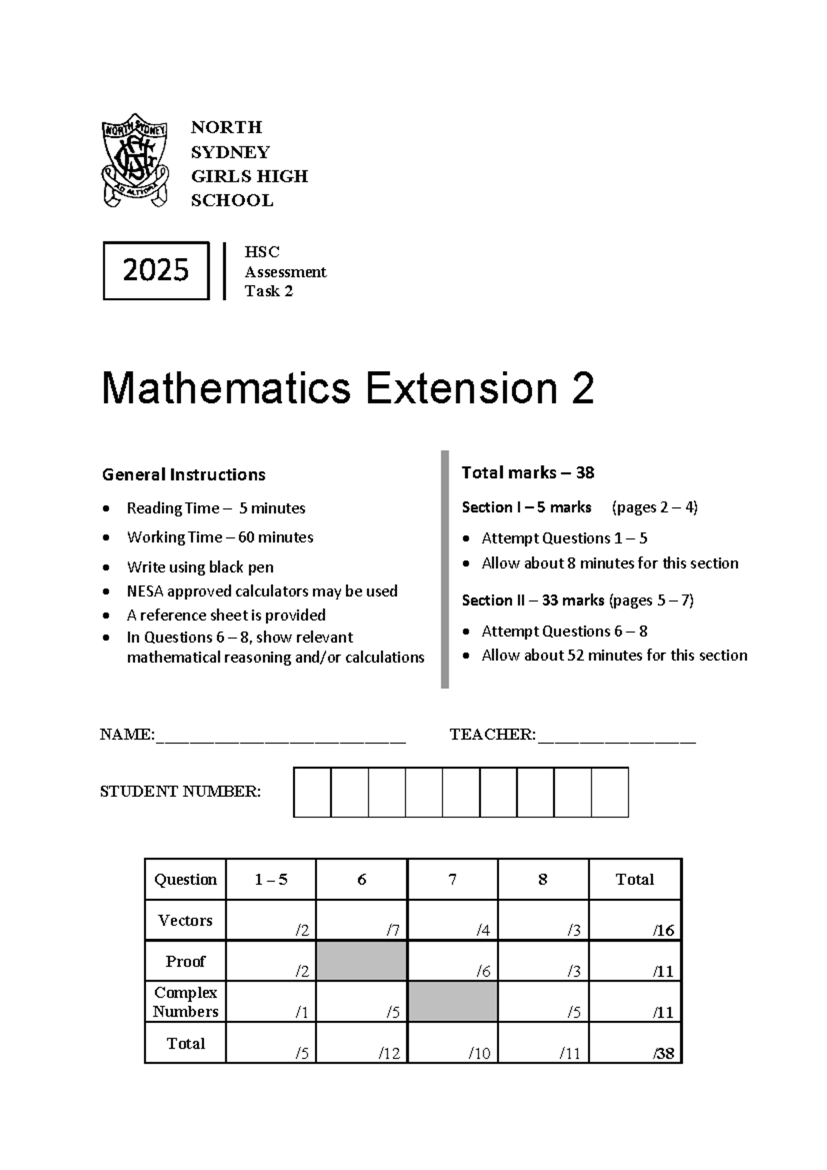 Nsghs HSC 2025 X2 Mathematics Extension 2 Assessment Task 2 - Studocu