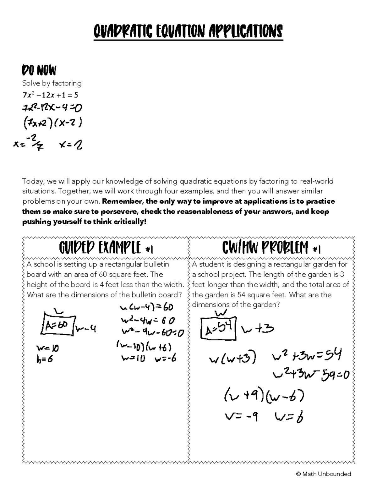 Quadratic Equations Applications: CW/HW Problems & Examples - Studocu