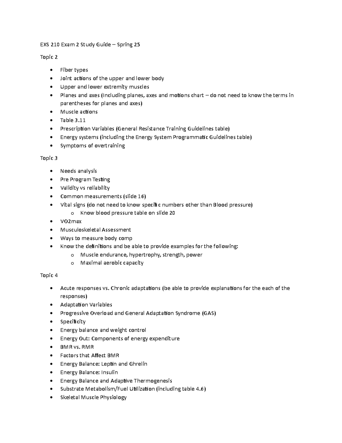 EXS 210 Final Exam Study Guide - Spring 2025 - Studocu