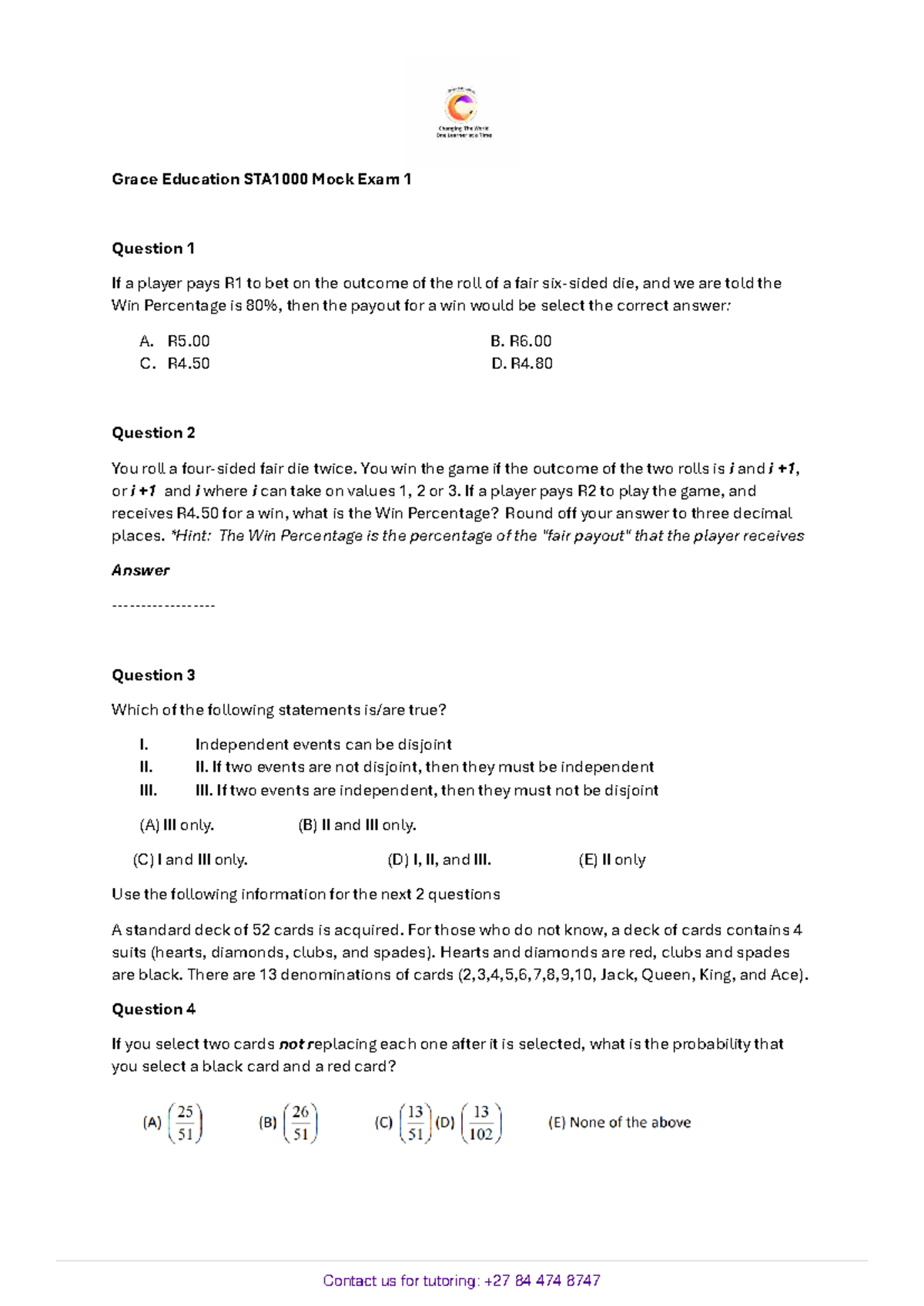 STA1000 STA1008 Mock Exam: Comprehensive Review Questions - Studocu