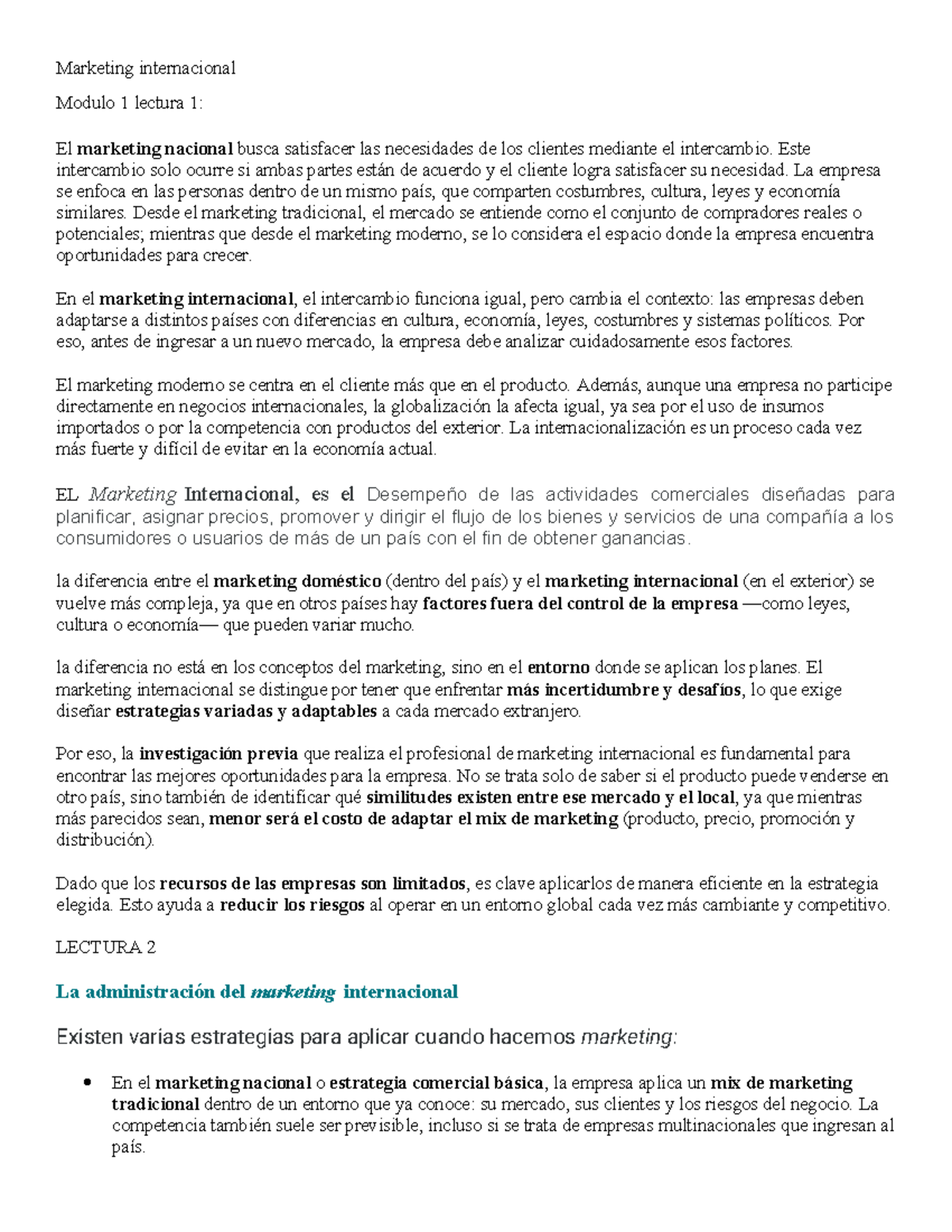 Marketing Internacional: Módulo 1 - Lectura 1 y 2 Análisis y ...