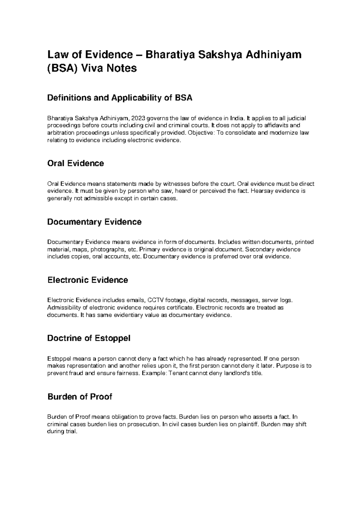 BSA Viva Notes: Key Concepts in Bharatiya Sakshya Adhiniyam - Studocu