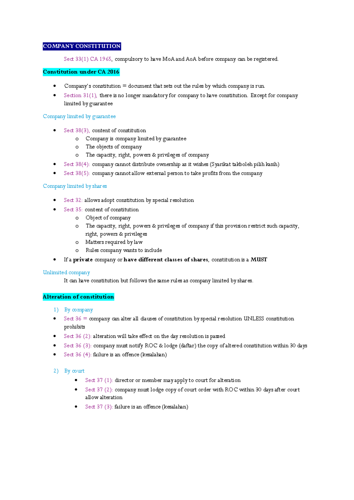 LAW346 Final Exam Notes - Overview of Company Law Principles - Studocu
