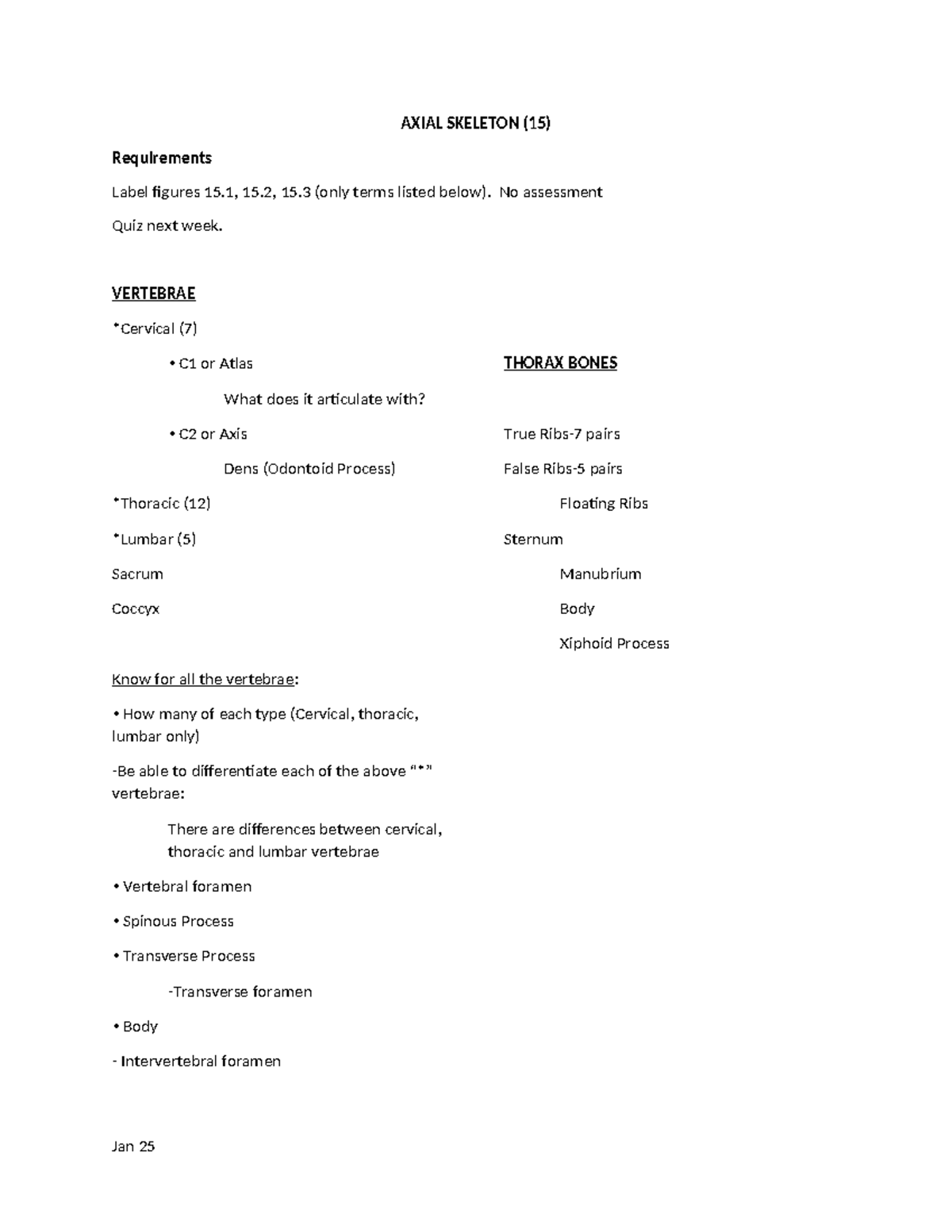 Quiz on Axial Skeleton and Thorax Bones (BIO 101) - AXIAL SKELETON (15 ...