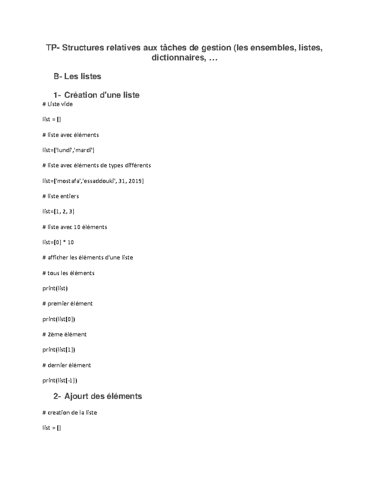 TP Liste Python : Structures et Méthodes de Gestion des Listes - Studocu