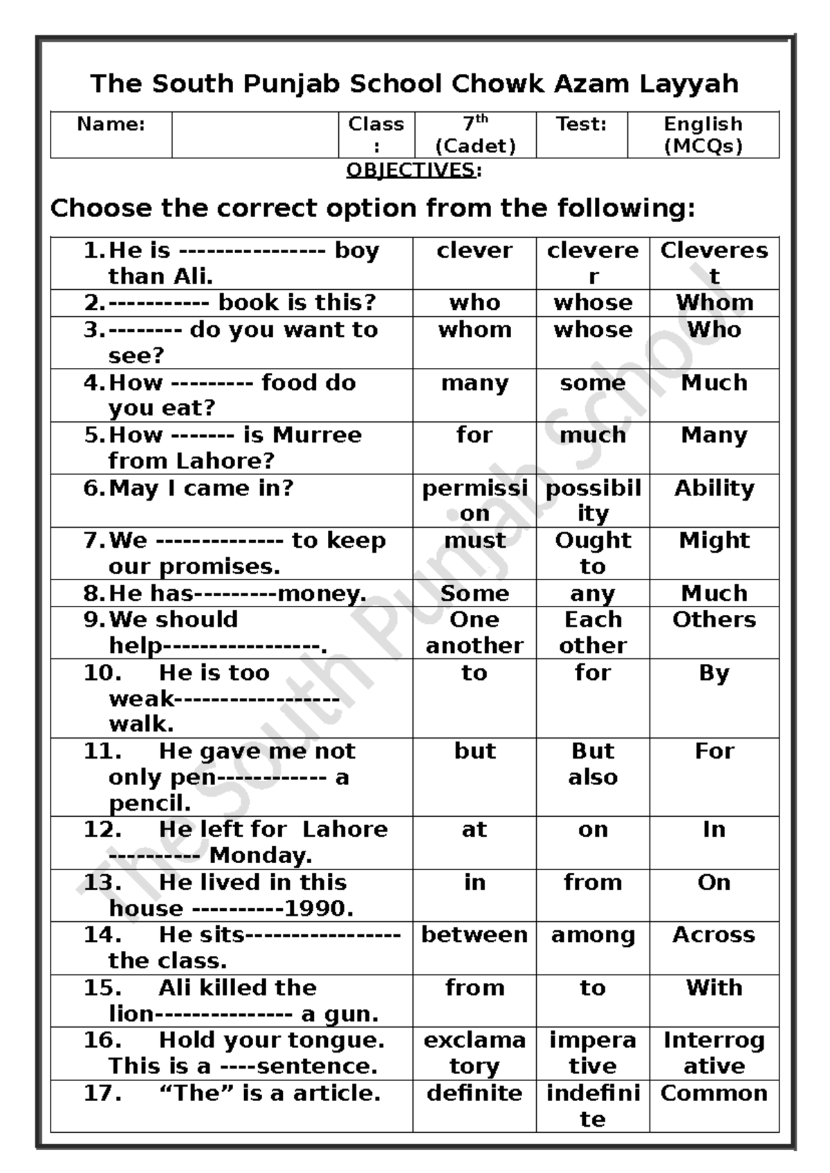 7TH Cadet English MCQS Paper - The South Punjab School Chowk Azam ...