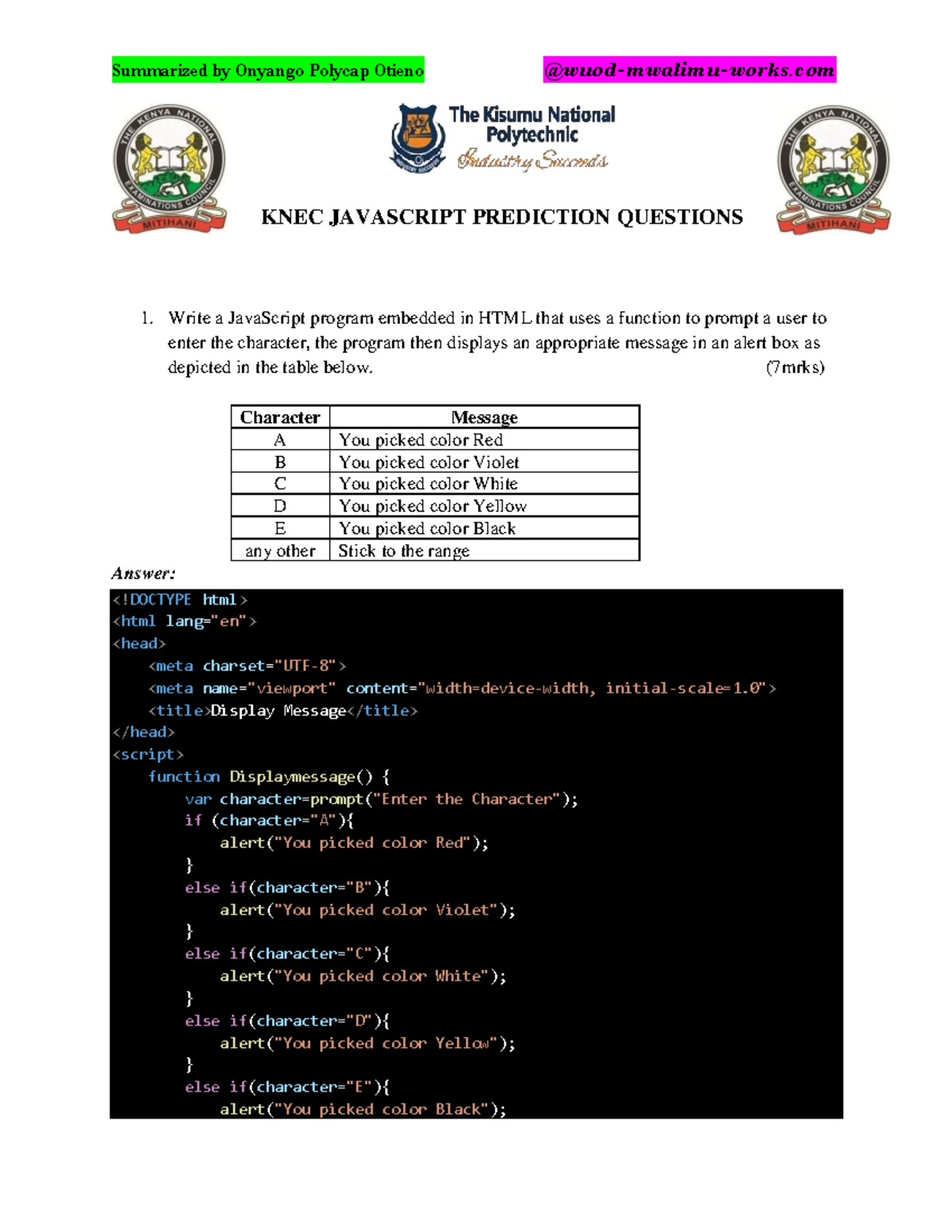 KNEC JavaScript Prediction Questions and Solutions - Studocu
