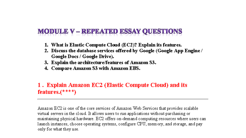 Module 5: Repeated Essay Questions on AWS Services and Features - Studocu