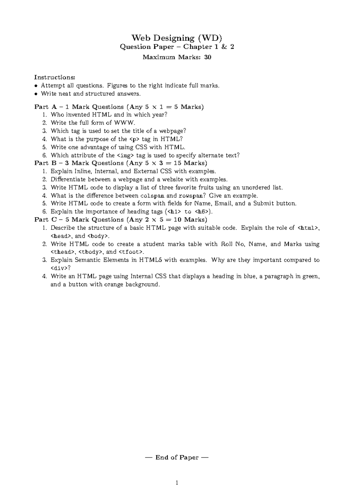 WD Question Paper: Web Designing Chapter 1 - Max Marks 30 - Studocu