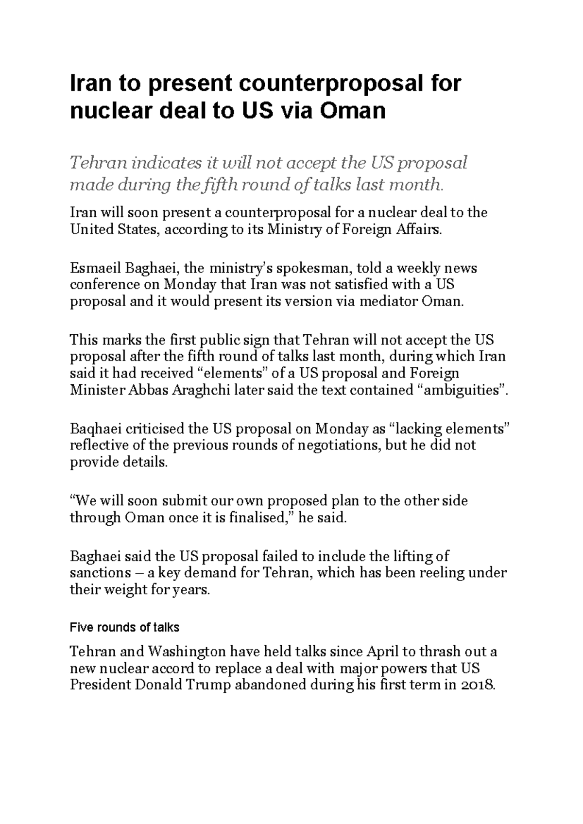 Iran's Counterproposal for Nuclear Deal with US via Oman - Studocu