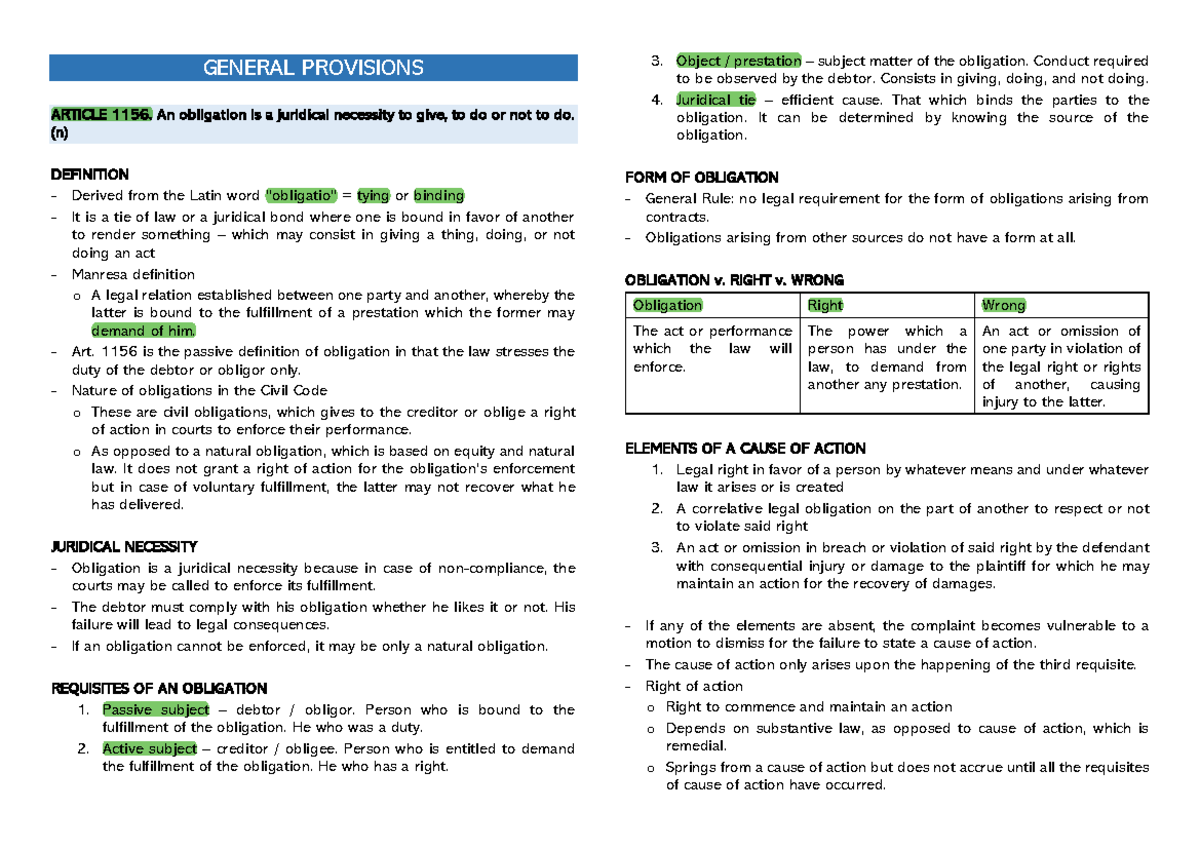 **Obligations Overview: Articles 1156-1178 of the New Civil Code ...