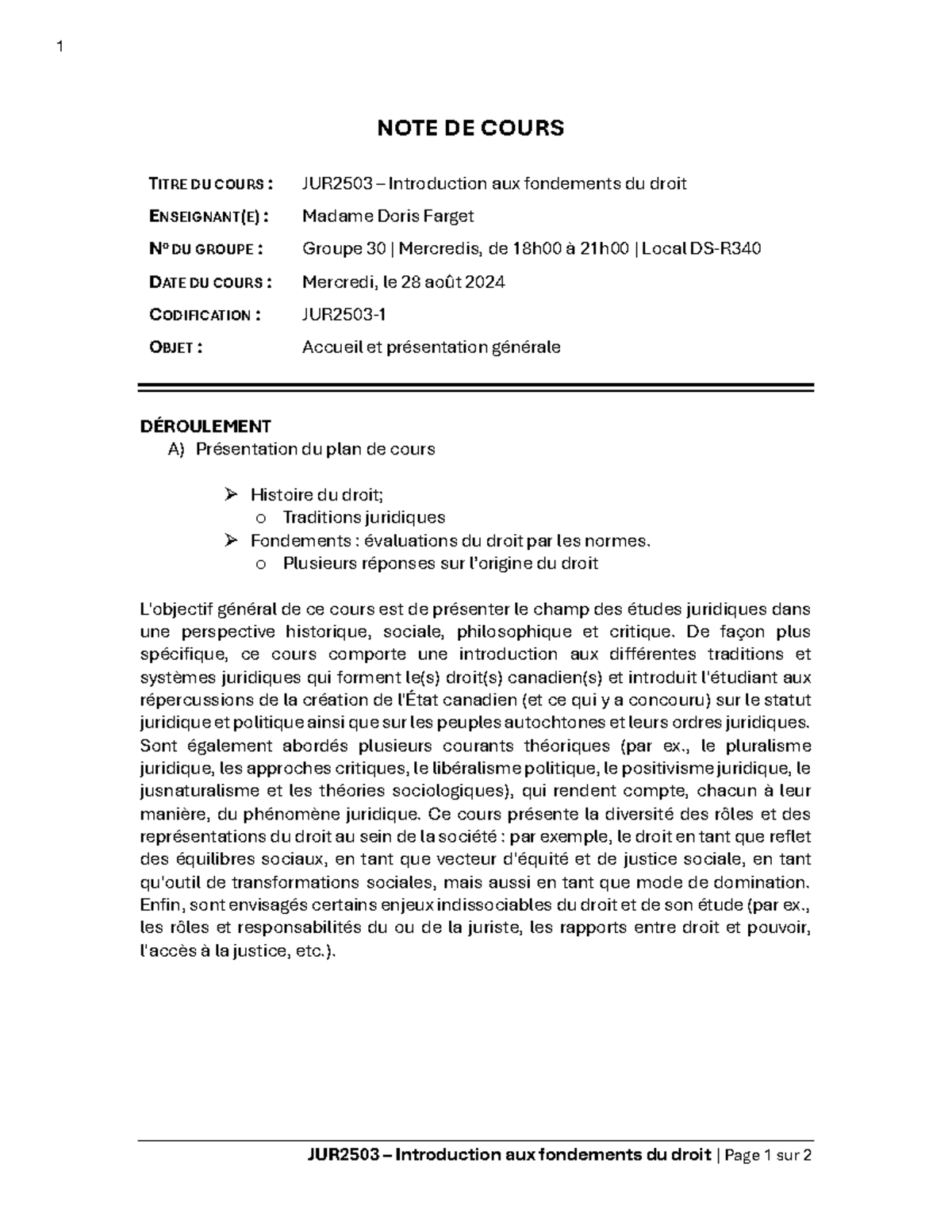 JUR2503 - Notes de Cours sur les Fondements du Droit et Traditions ...