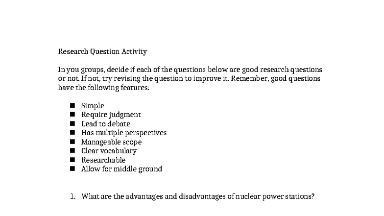 Research Question Activity: Evaluating and Revising Questions - Studocu