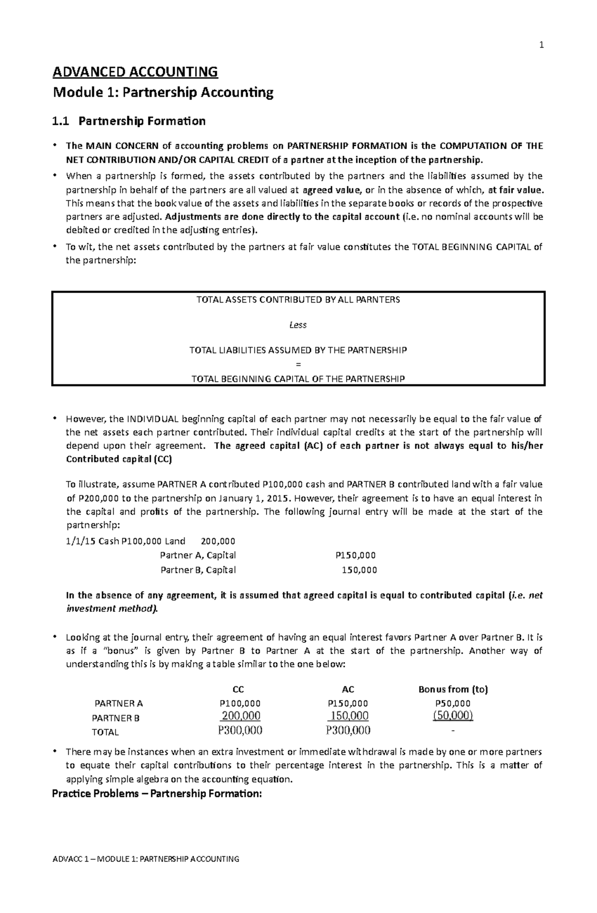 Advanced Accounting - Module 01: Partnership Formation Lecture Notes ...