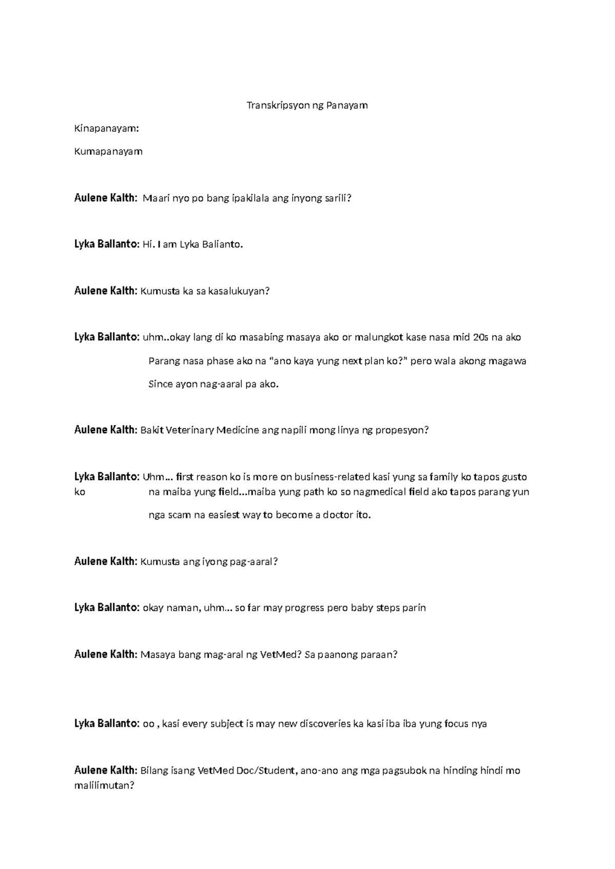 Transcript ng Panayam sa mga Mag-aaral ng Veterinary Medicine - Studocu