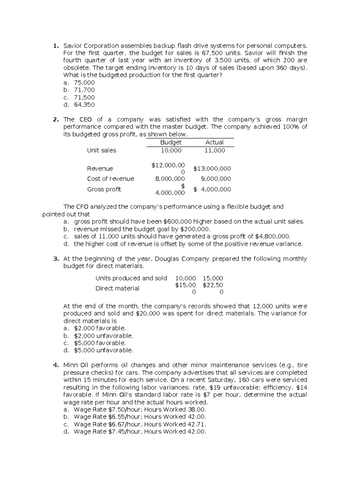 CMA Sample Questions for Budgeting and Variance Analysis - Studocu