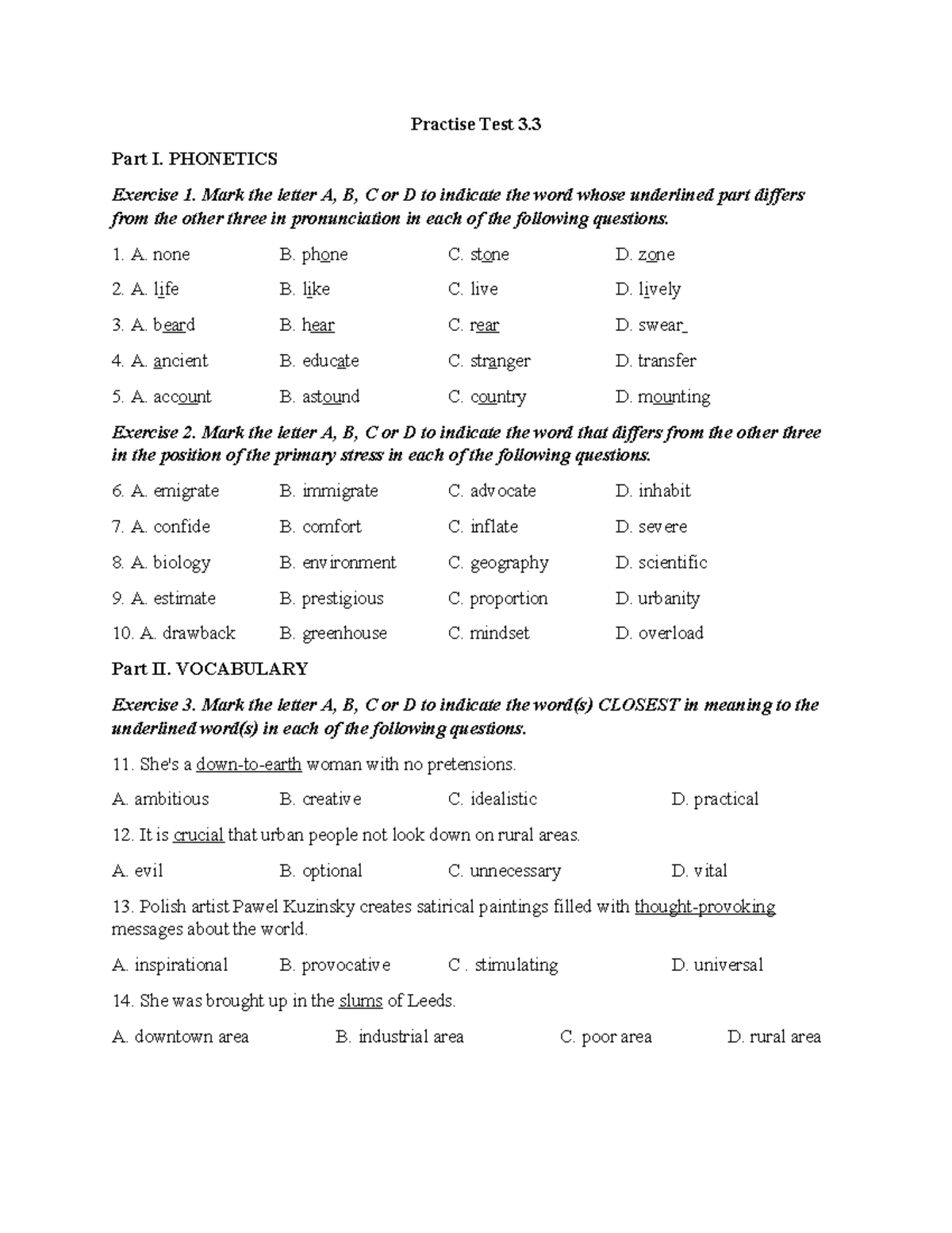 Anh 12 English Practice Test 3: Phonetics, Vocabulary & Reading - Studocu