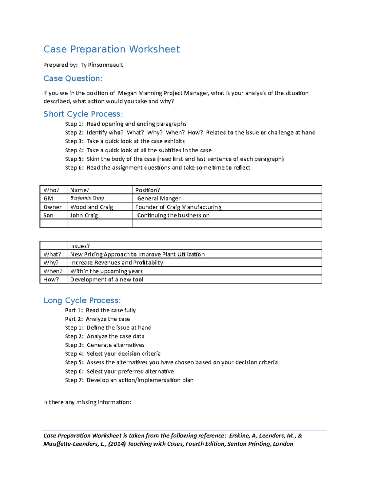 Case Preparation Worksheet Ty Pinsonneault's Craigs Manu - Case ...