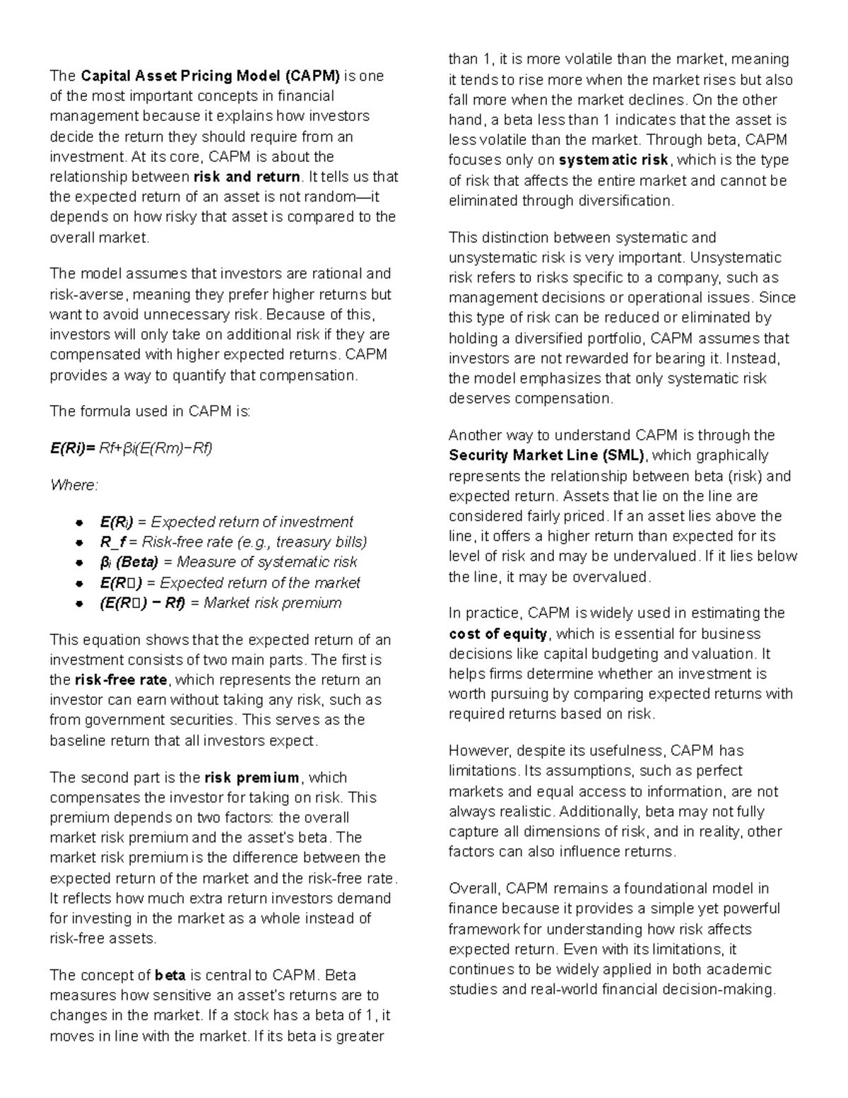 CAPM: Understanding Risk and Return in Financial Management - Studocu