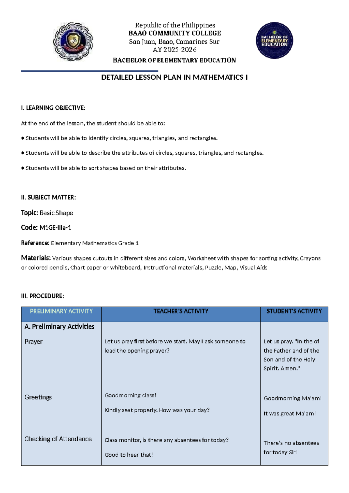 Detailed Lesson Plan in Mathematics: Basic Shapes for BEED Students ...