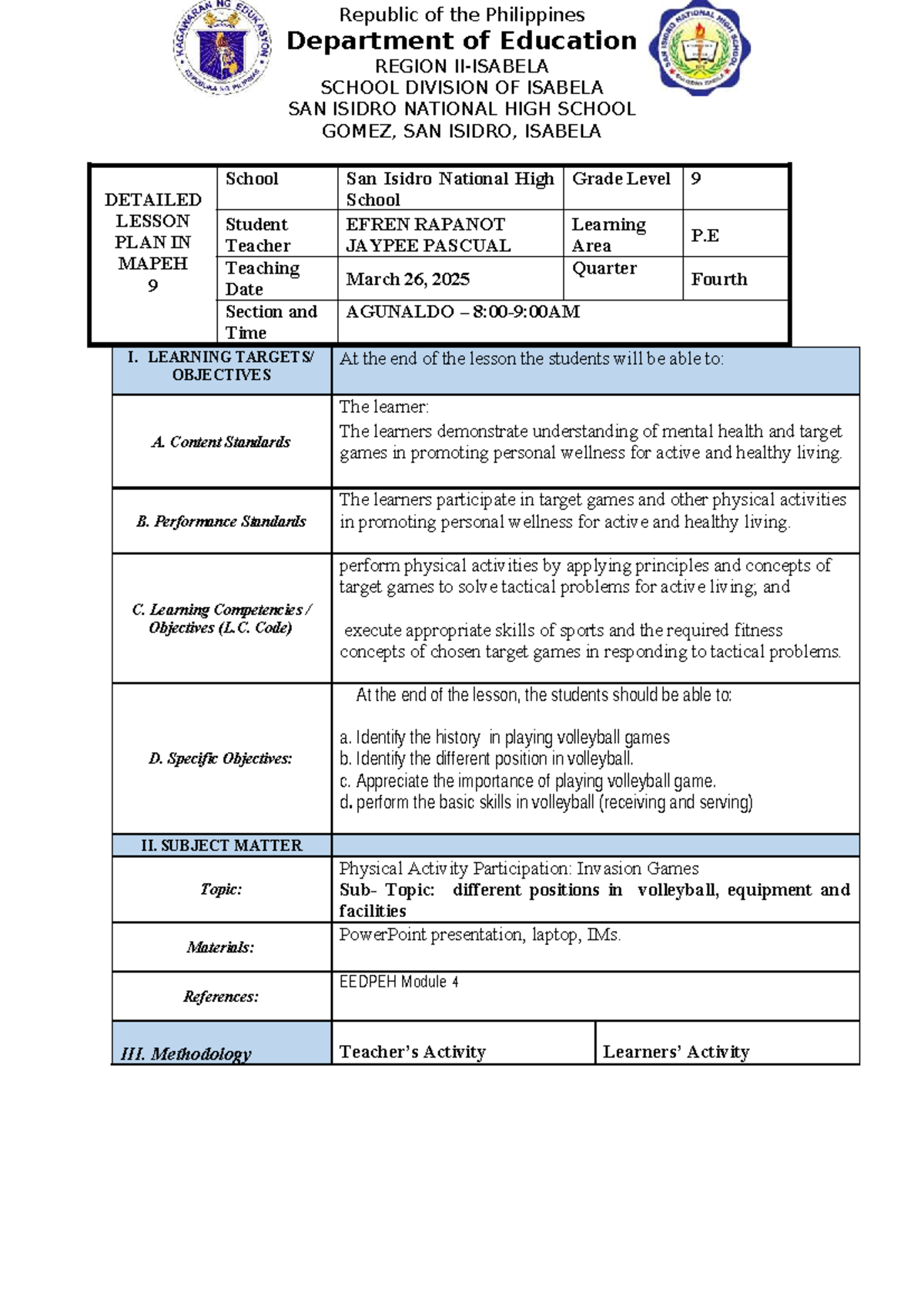 DLP-DEM-9: Detailed Lesson Plan on Volleyball for MAPEH 9 - Studocu