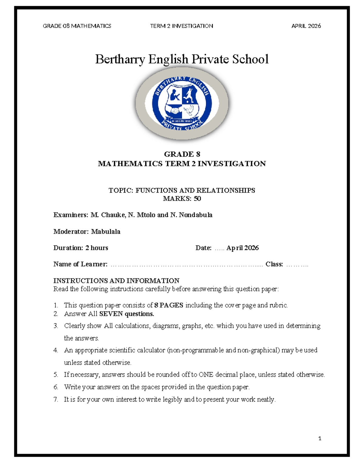 GRADE 08 MATHEMATICS TERM 2 INVESTIGATION: FUNCTIONS & RELATIONSHIPS ...