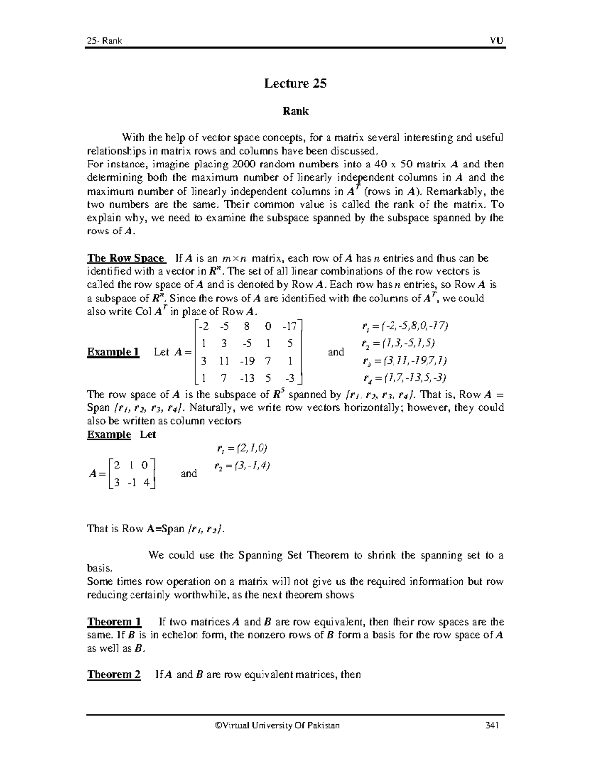 Rank VU Lecture 25: Understanding Matrix Rank and Vector Spaces - Studocu