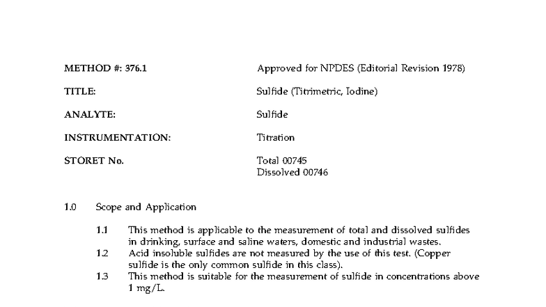 EPA Method 376.1: Titrimetric Analysis of Sulfide in Water - Studocu