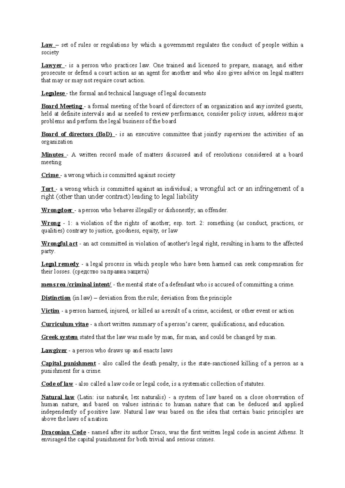 Common Legal Terms Overview for Law Course (LAW101) - Studocu